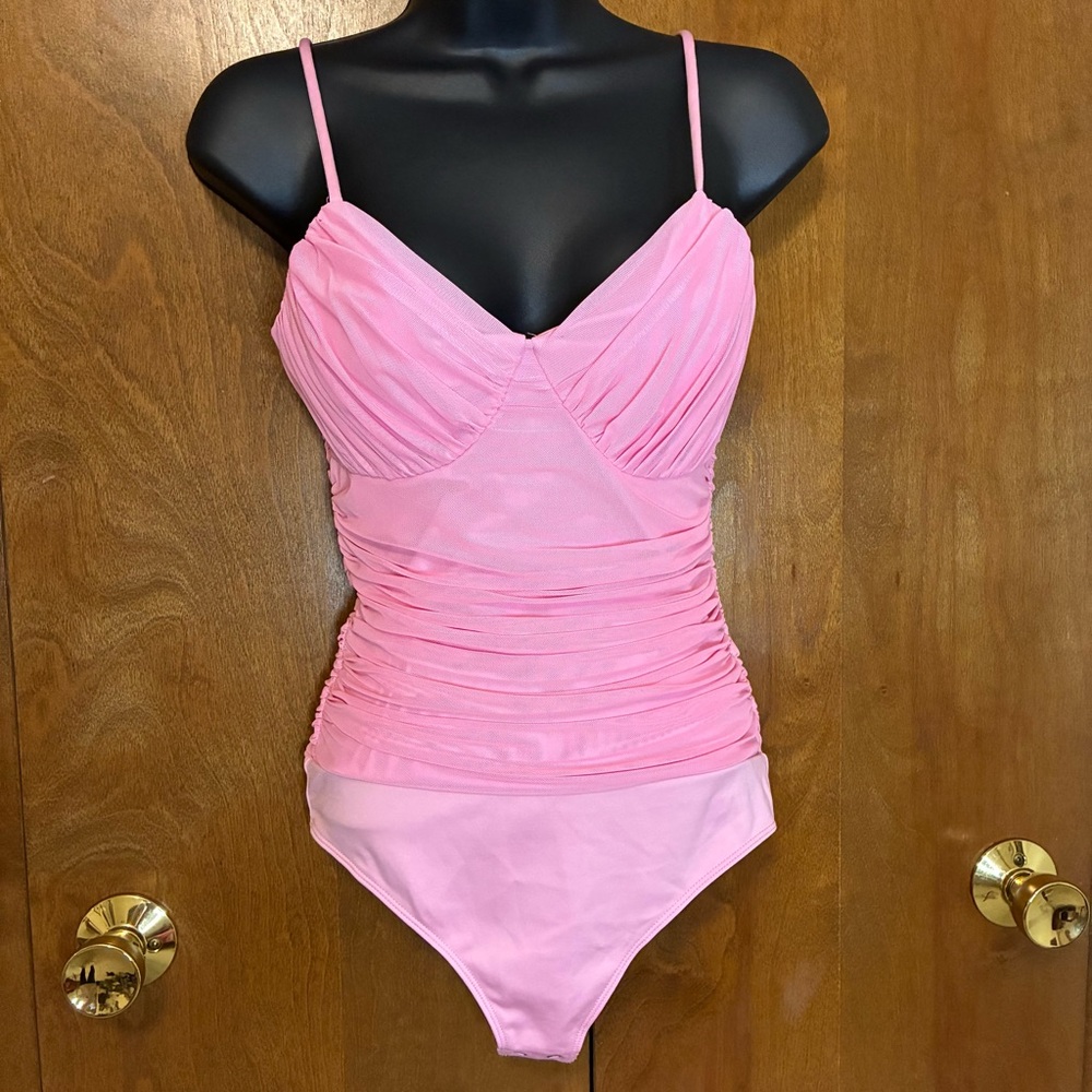 Express Pink Mesh Body Contour Ruched Bodysuit